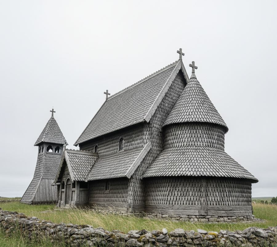 Close view of a shingled timber church wall and its wooden bell tower under grey cloud
