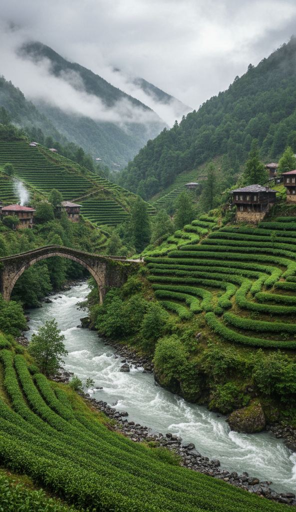 A stone bridge and wooden hamlet under cloud in a steep Pontic tea valley
