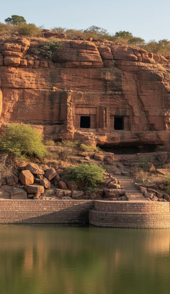 Cave temples cut into a red sandstone gorge above still green water