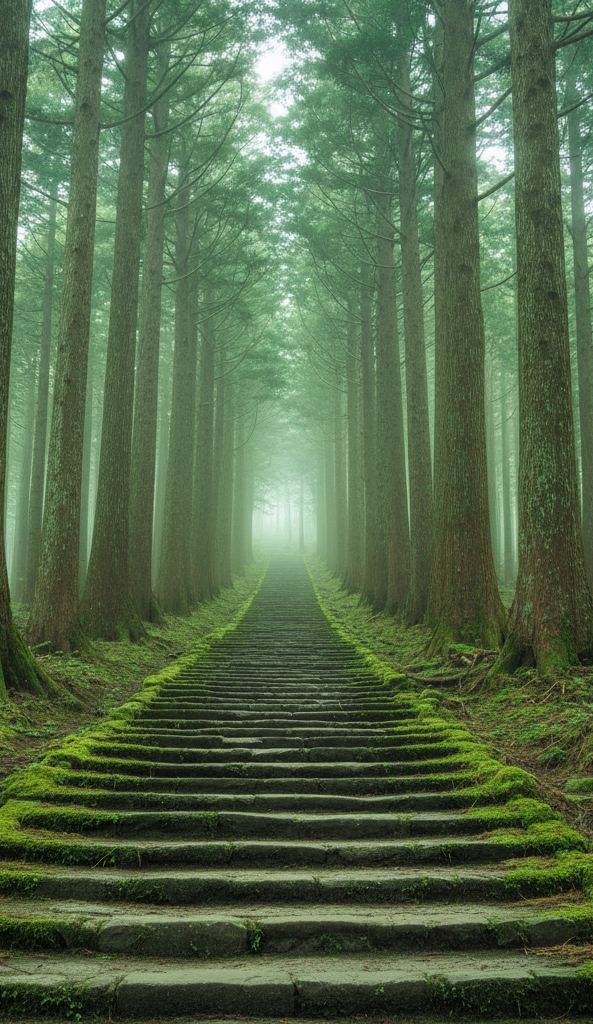A stone stairway climbing under very tall cedars on a wooded mountain slope