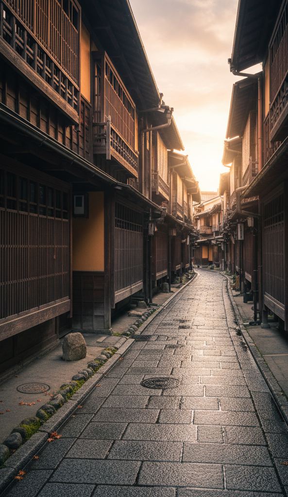 A preserved wooden teahouse district of dark lattice fronts on a narrow lane
