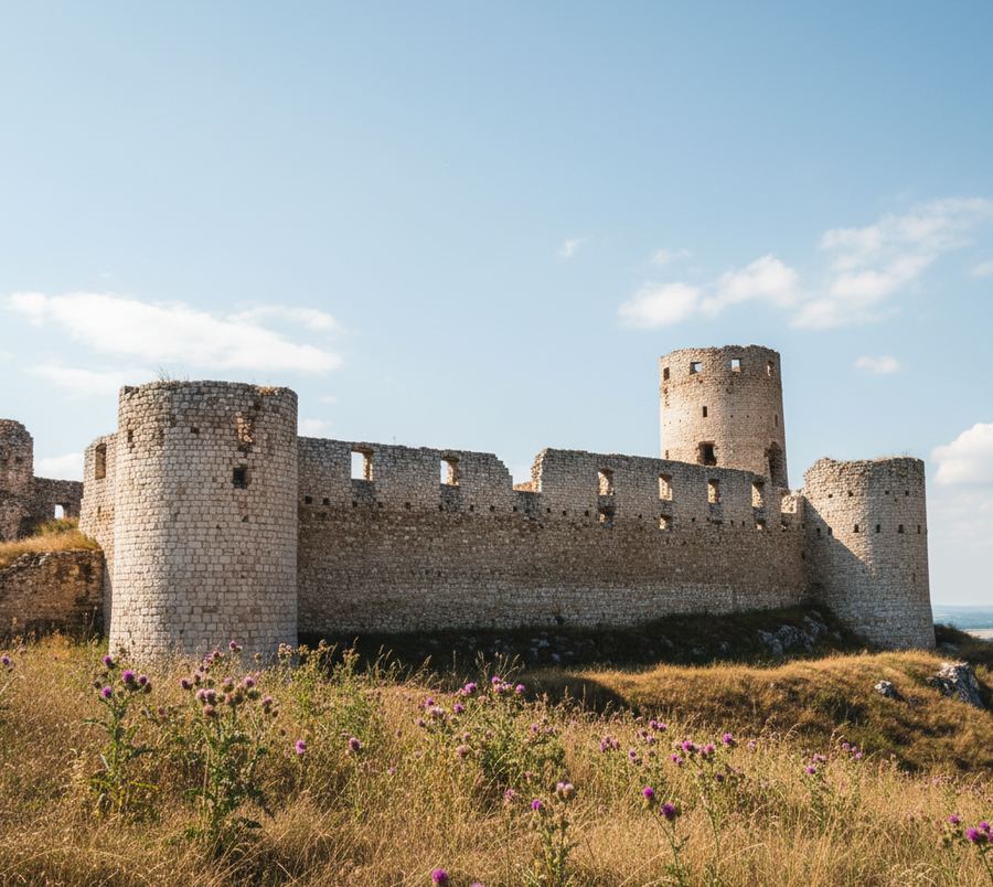 Broken limestone walls of a very large hilltop castle standing above dry summer grass